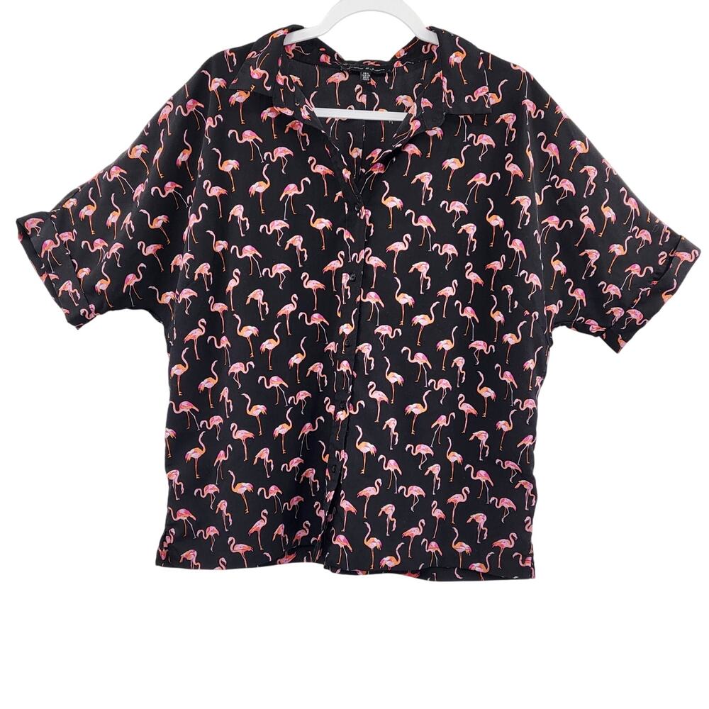 Jasmine & Juliana Black & Pink Flamingo Button-Up Short-Sleeve Shirt Women's XL